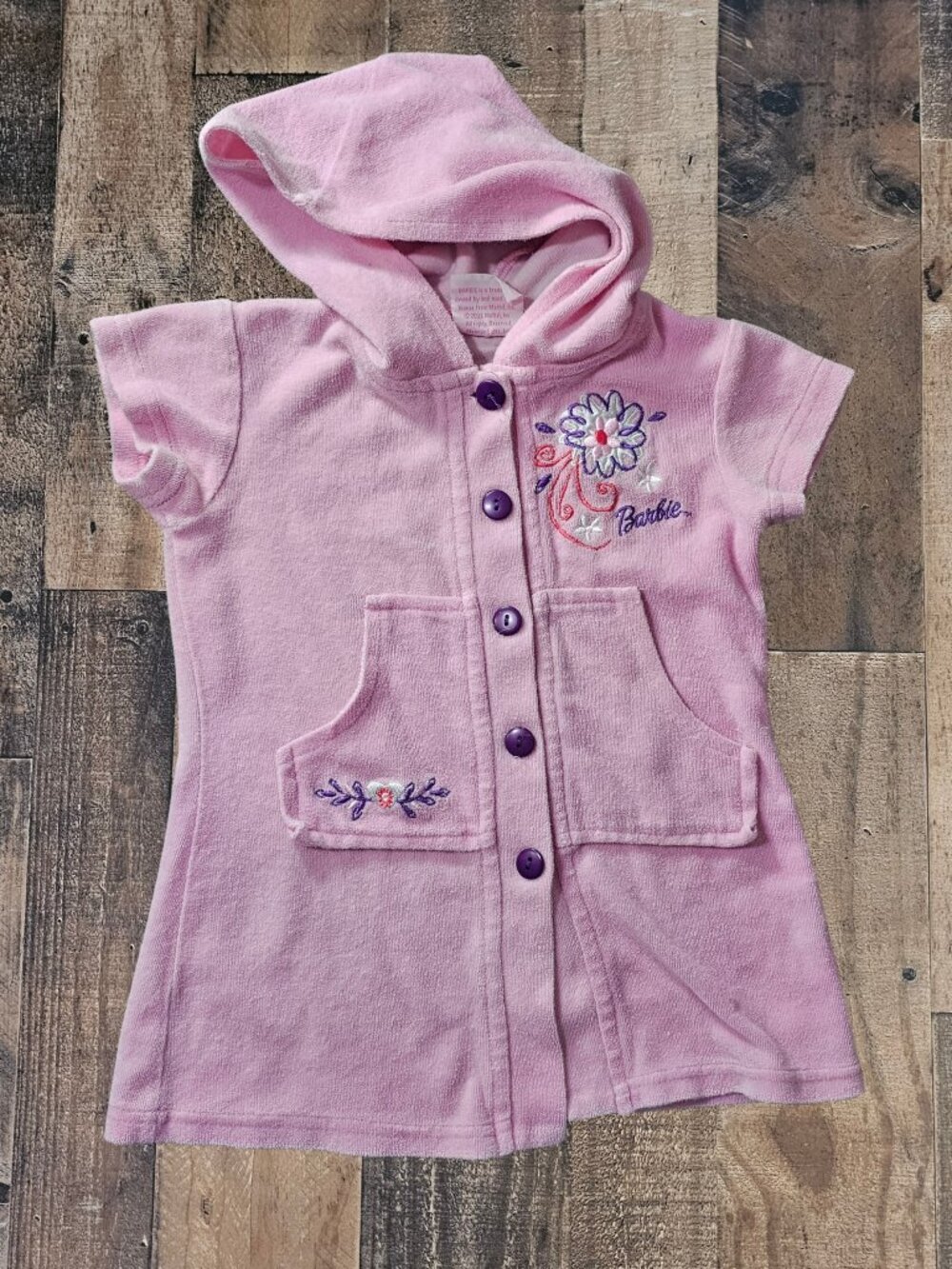 Barbie Y2K Vintage Toddler Girls 3T Pink Terry Cloth Swimsuit Coverup Button Up